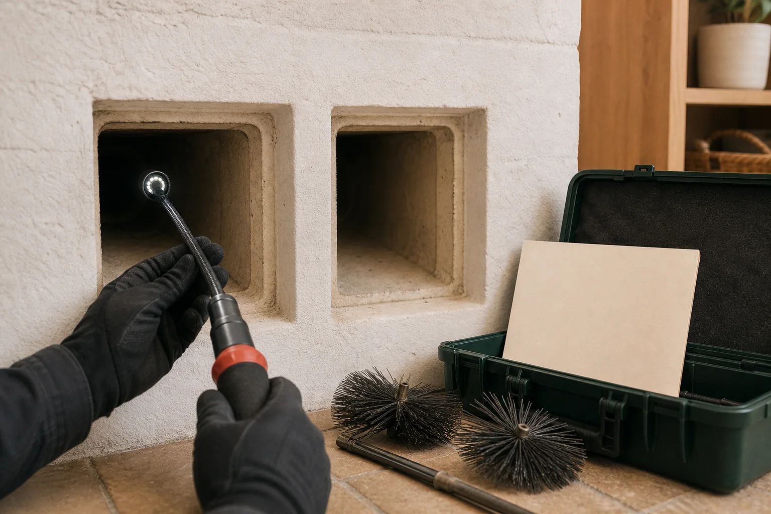 Chimney inspector documenting the interior of a masonry flue