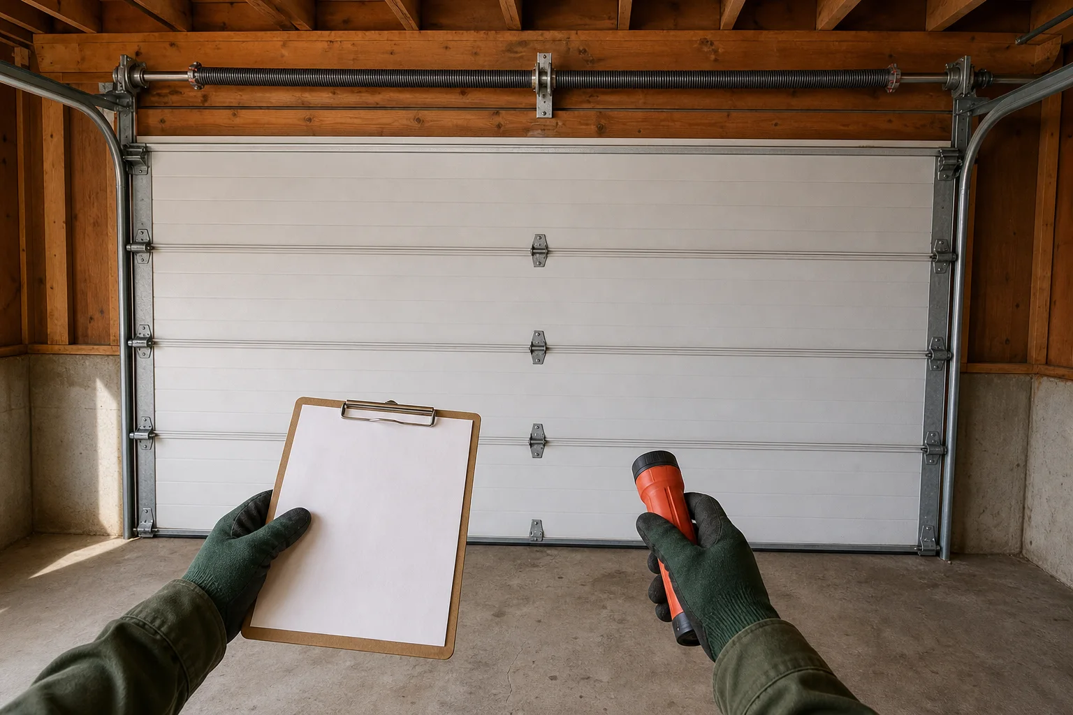 Garage-door technician inspecting a residential torsion-spring assembly